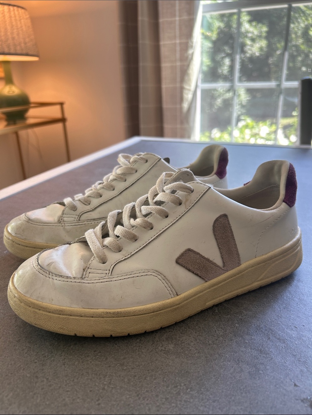 Veja White Leather Sneakers with Light Purple V and Purple Heel Tab